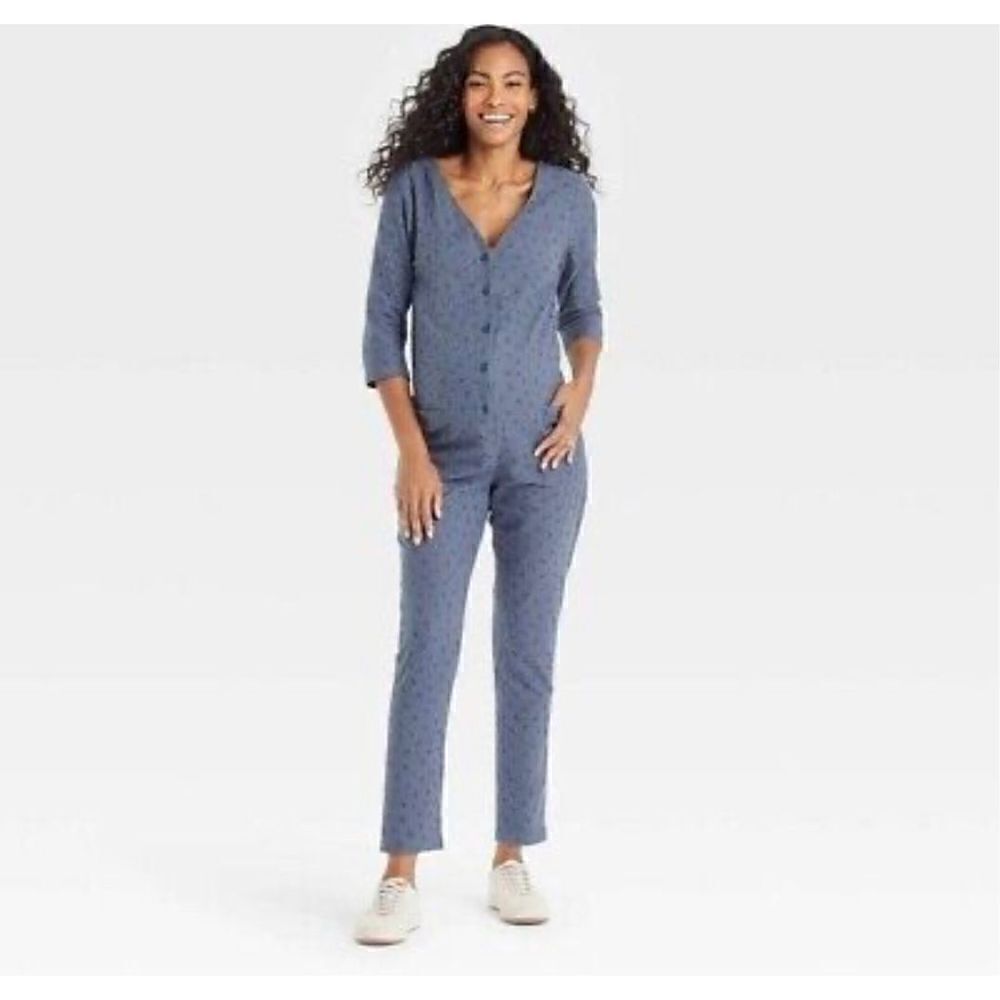 The Nines by HATCH 3/4 Sleeve Button-Front Maternity Jumpsuit Indigo Floral XL
